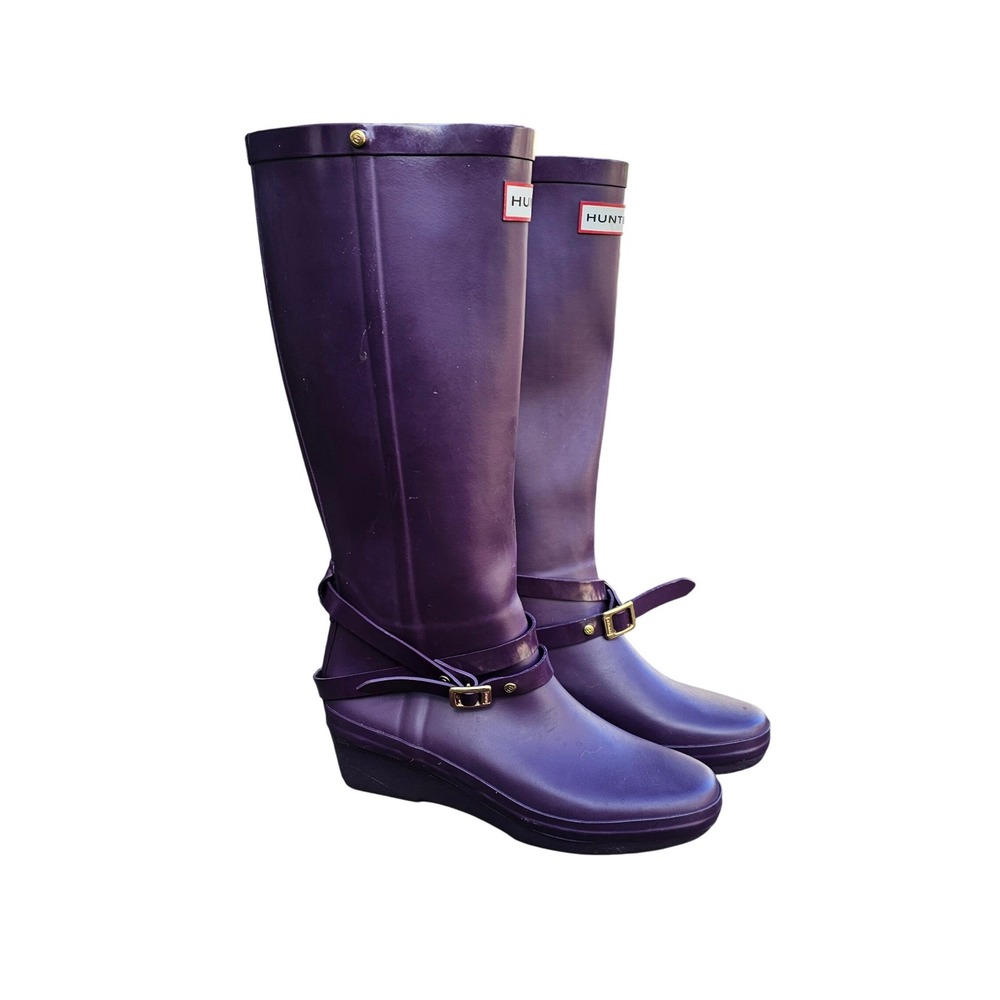 Hunter Andora Rain Boots Womens 7 Purple Wedge Tall Buckle Waterproof Twee 23954